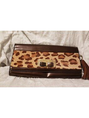 Lovecat Animal Print Trimmed Brown Leather Clutch Handbag Chain Strap Tassel EUC